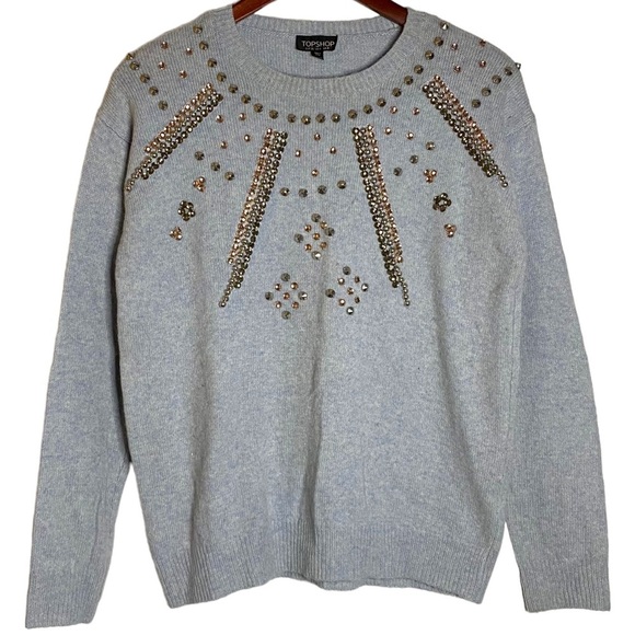 Topshop Heather Blue Long Sleeve Knit Jewel Studded Crewneck Sweater 4 - Picture 1 of 16